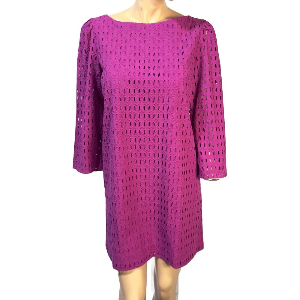Ann Taylor Eyelet Shift Dress Size M Medium Boatneck 3/4 Sleeve Pink NWT